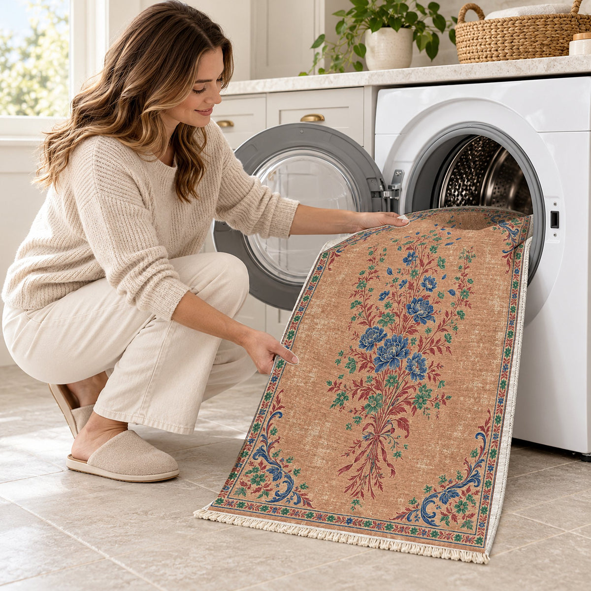 Dissolving Ribbon Bouquet Peach, Cobalt & Jade washable rug being loaded into a washing machine