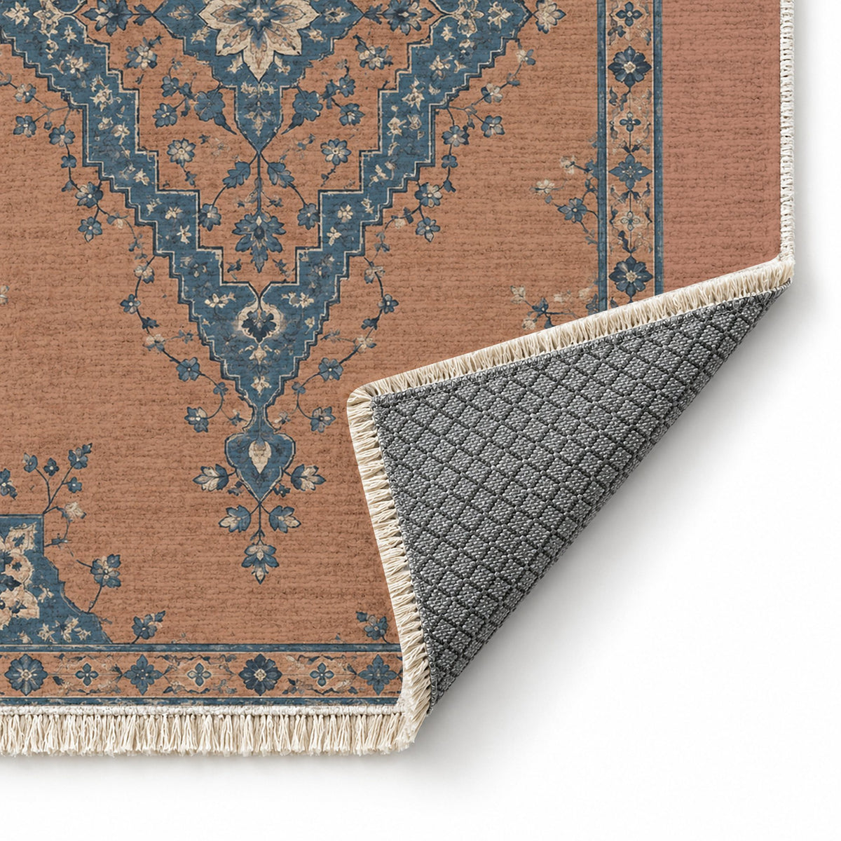 Distressed Diamond Clay & Denim washable rug folded corner showing the backing