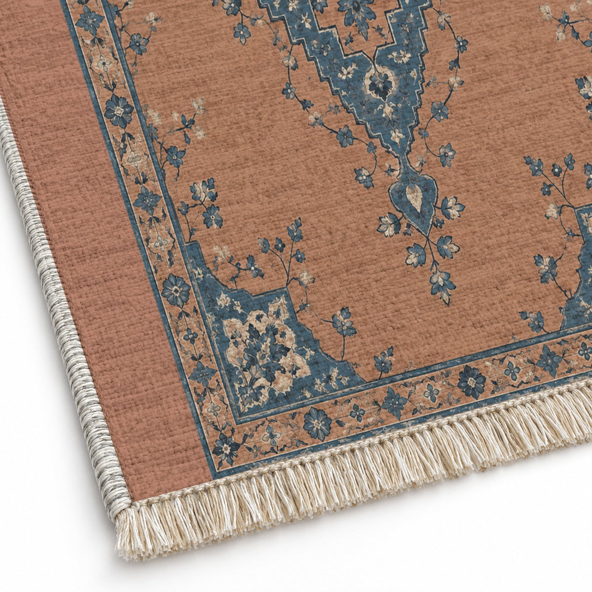 Distressed Diamond Clay & Denim washable rug close-up of the printed chenille