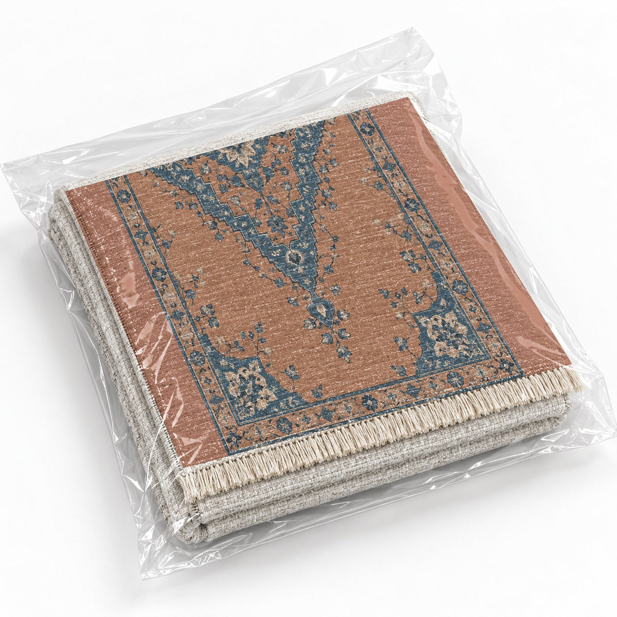 Distressed Diamond Clay & Denim washable rug rolled and packaged