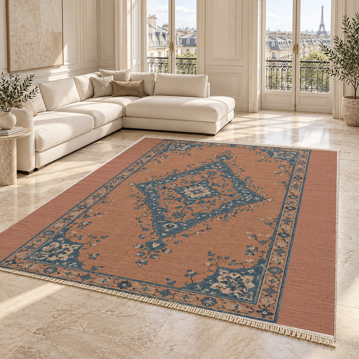 Distressed Diamond Clay & Denim washable rug angled room view on marble