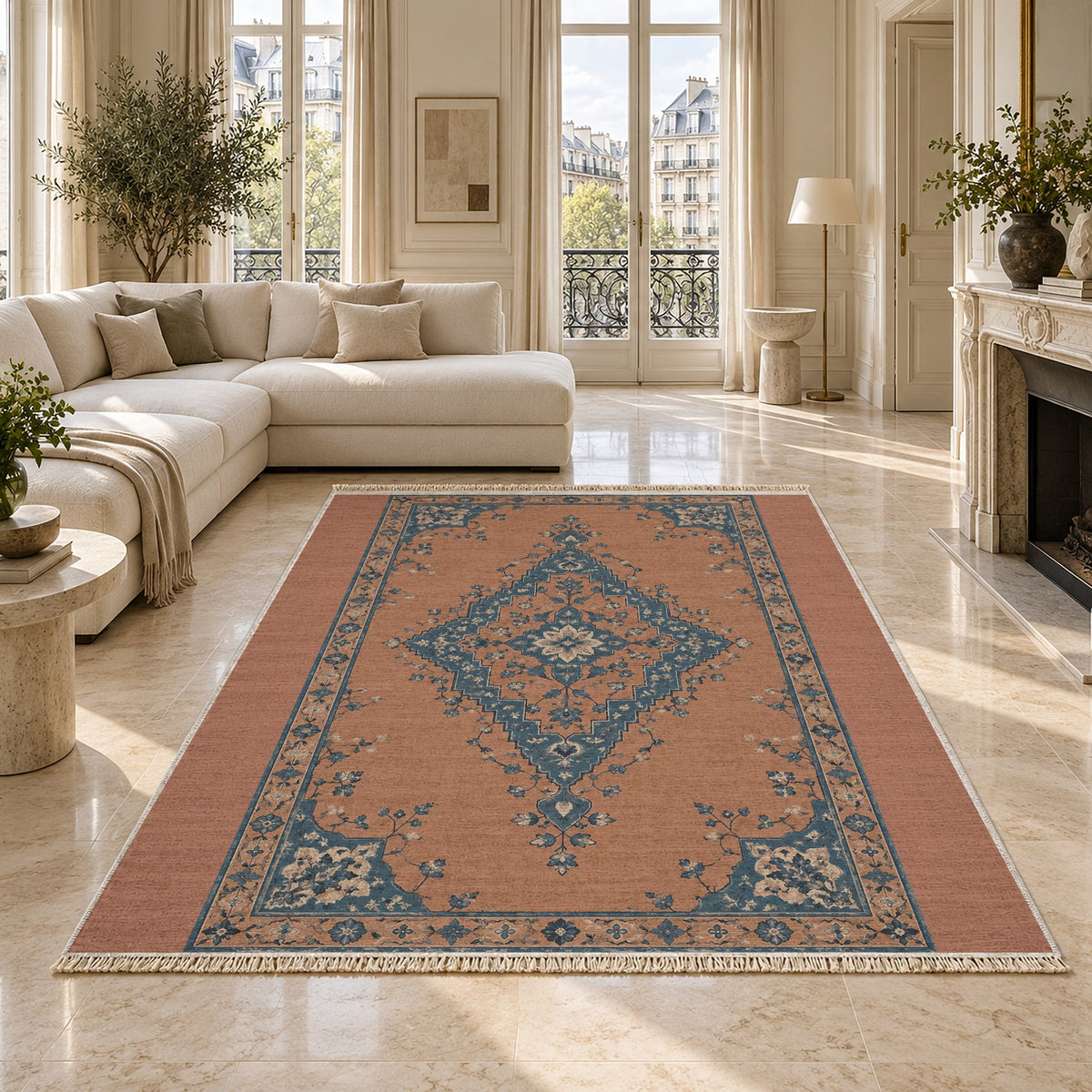 Distressed Diamond Clay & Denim washable rug on a marble floor