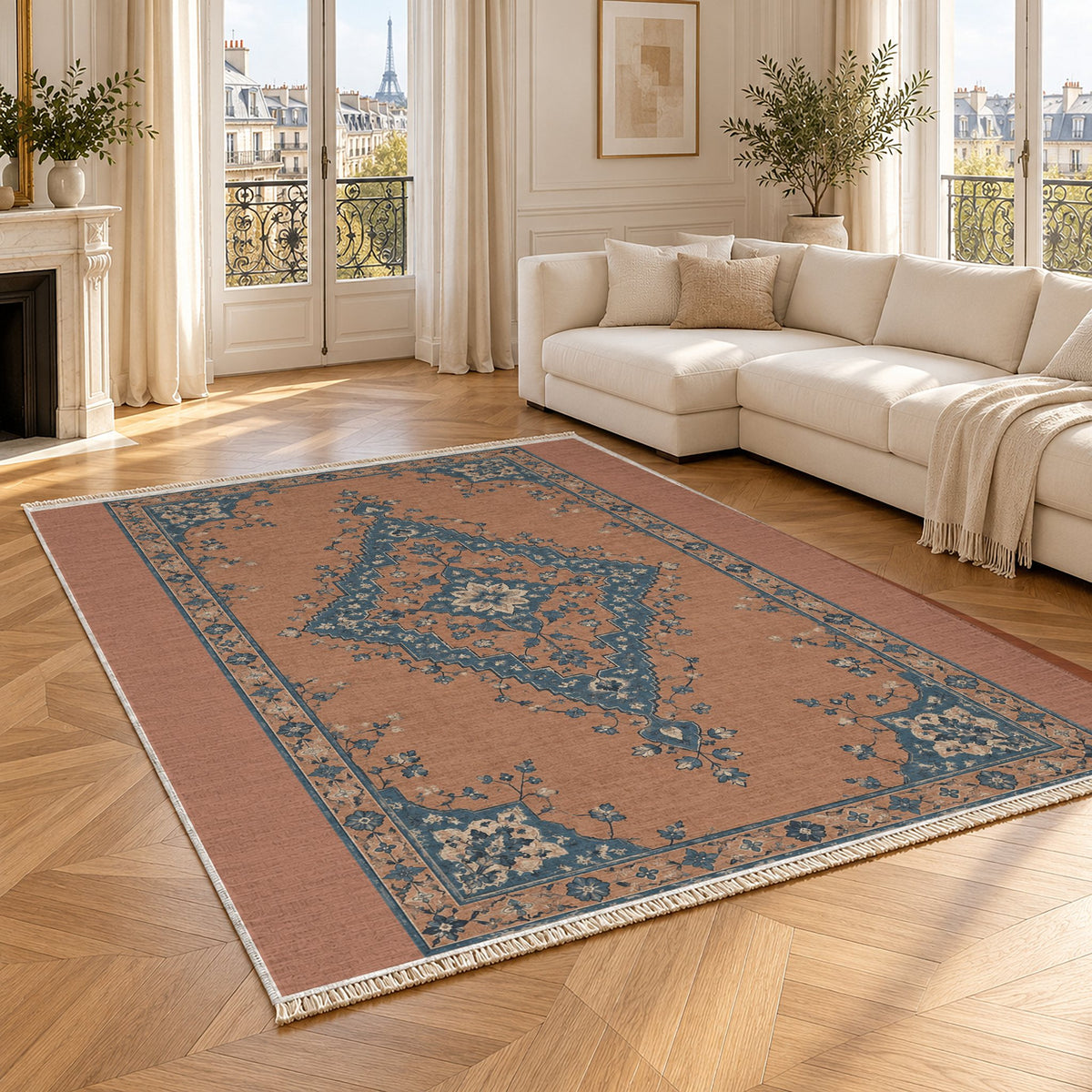 Distressed Diamond Clay & Denim washable rug angled room view