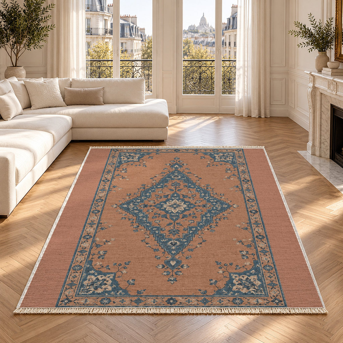 Distressed Diamond Clay & Denim washable rug in a Paris living room