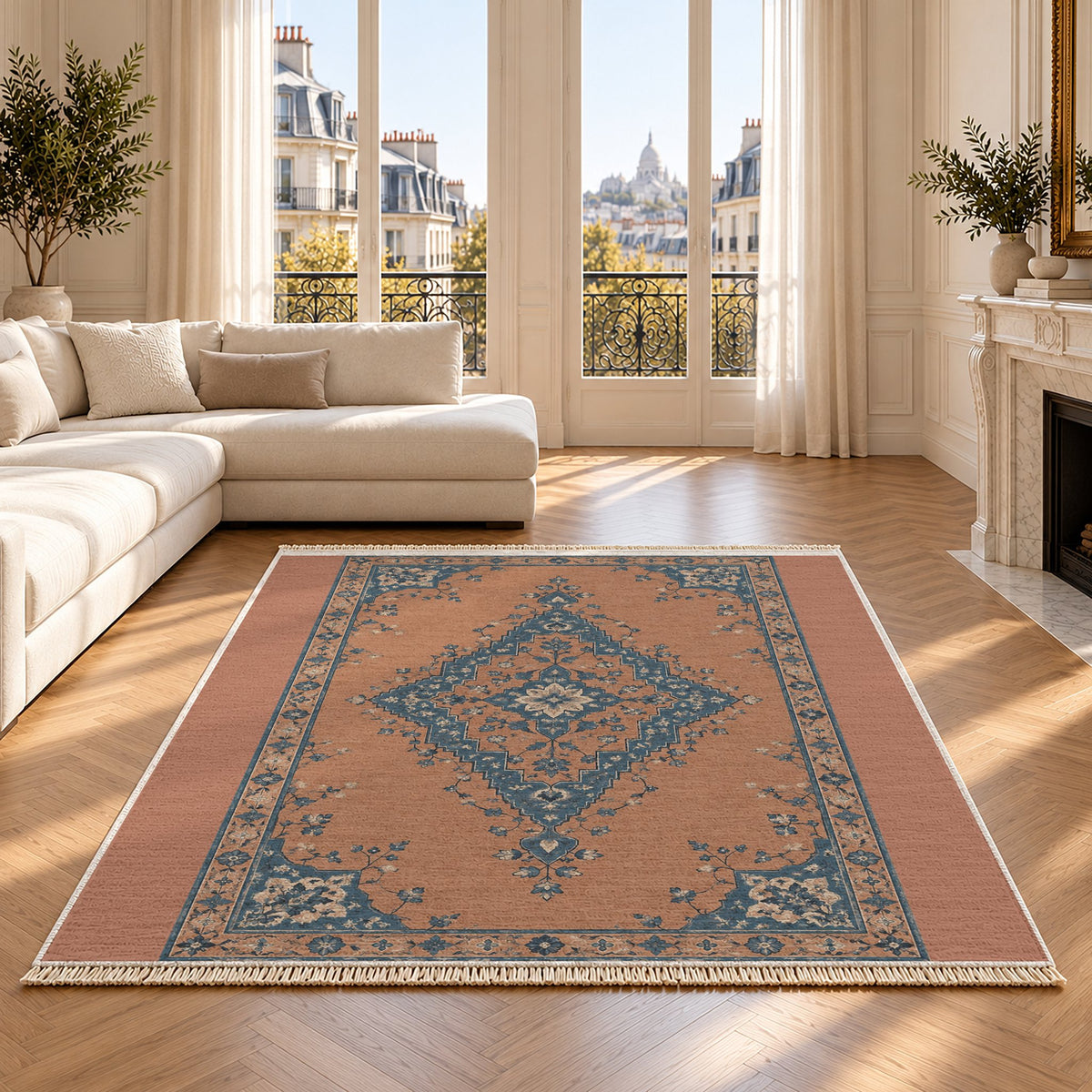 Distressed Diamond Clay & Denim washable rug on an oak floor