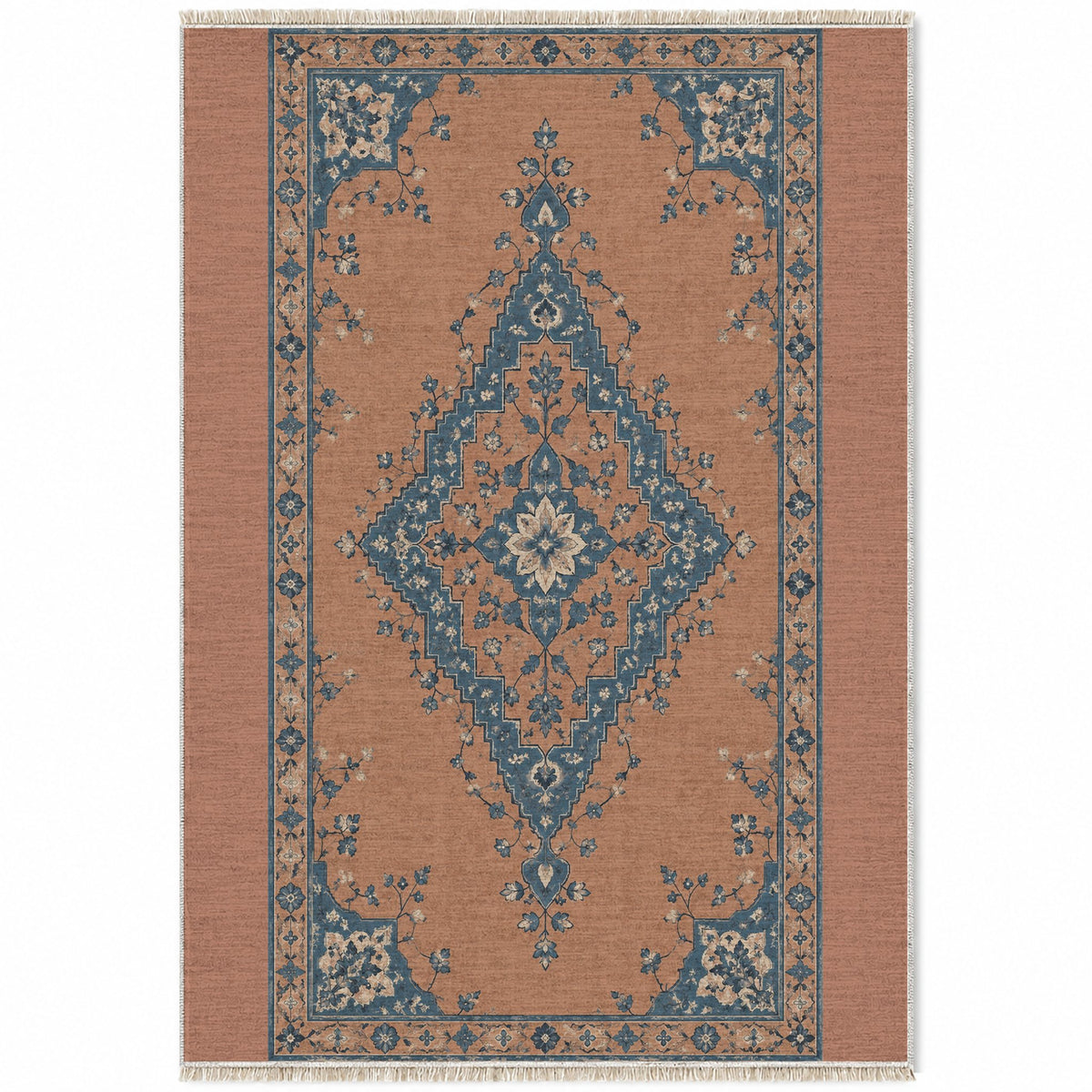 Distressed Diamond Clay & Denim washable rug top view
