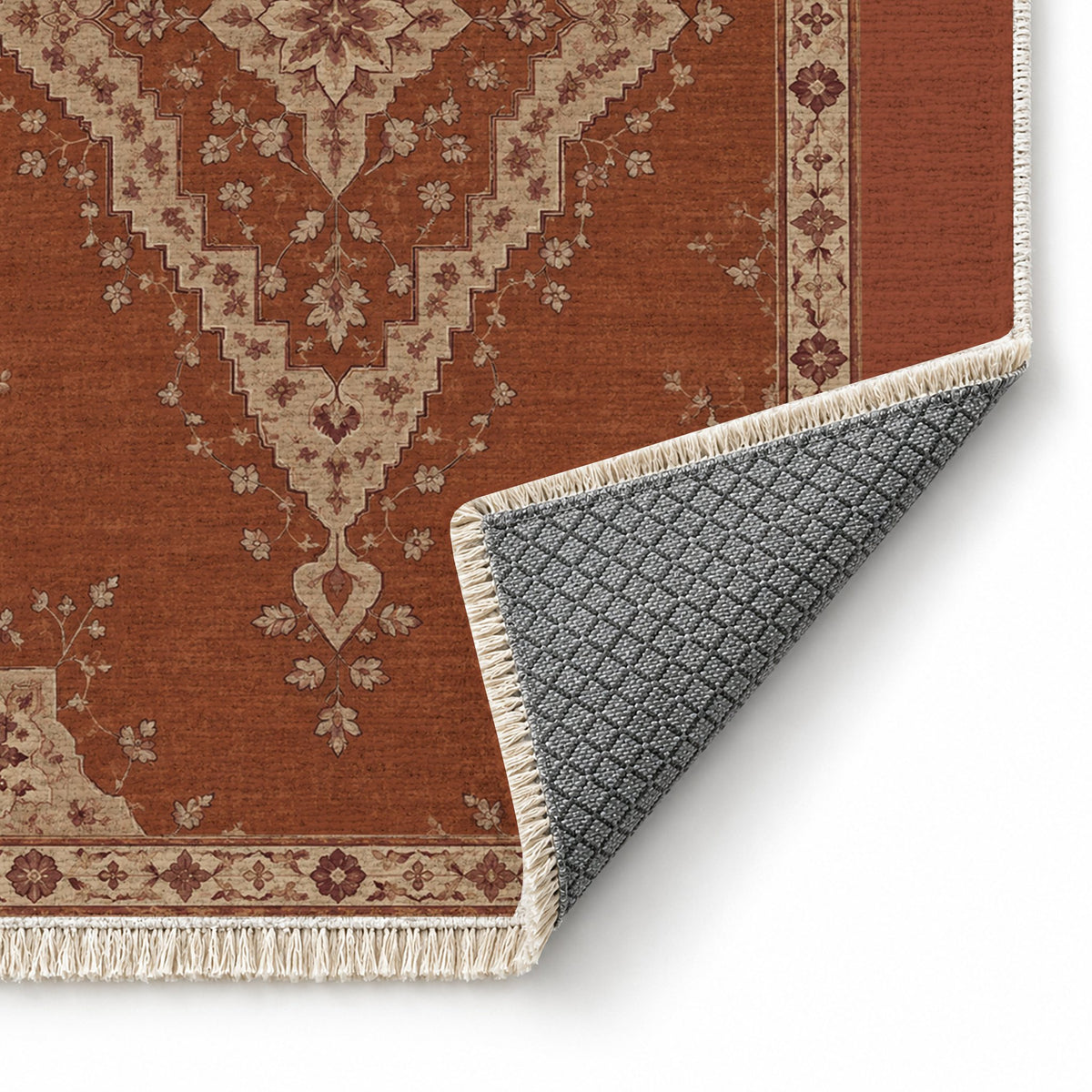 Distressed Diamond Rust & Sand washable rug folded corner showing the backing