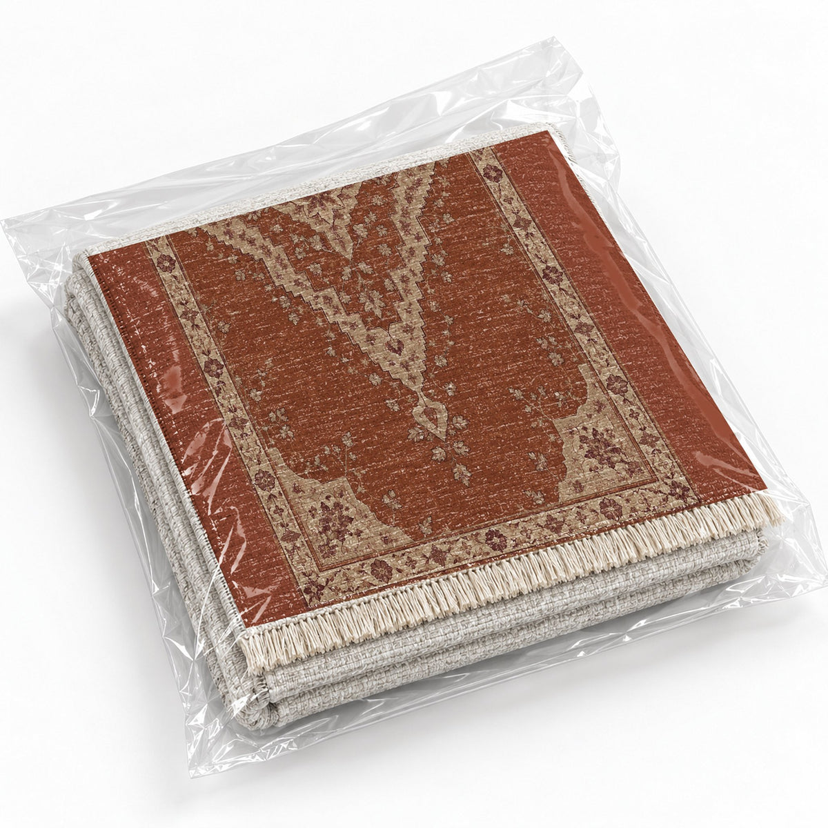 Distressed Diamond Rust & Sand washable rug rolled and packaged