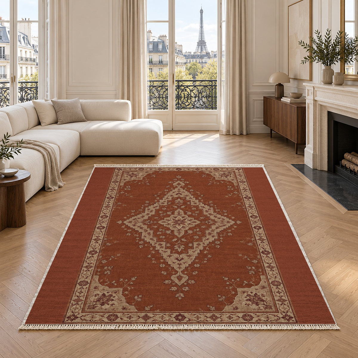 Distressed Diamond Rust & Sand washable rug in a living room with an Eiffel Tower view