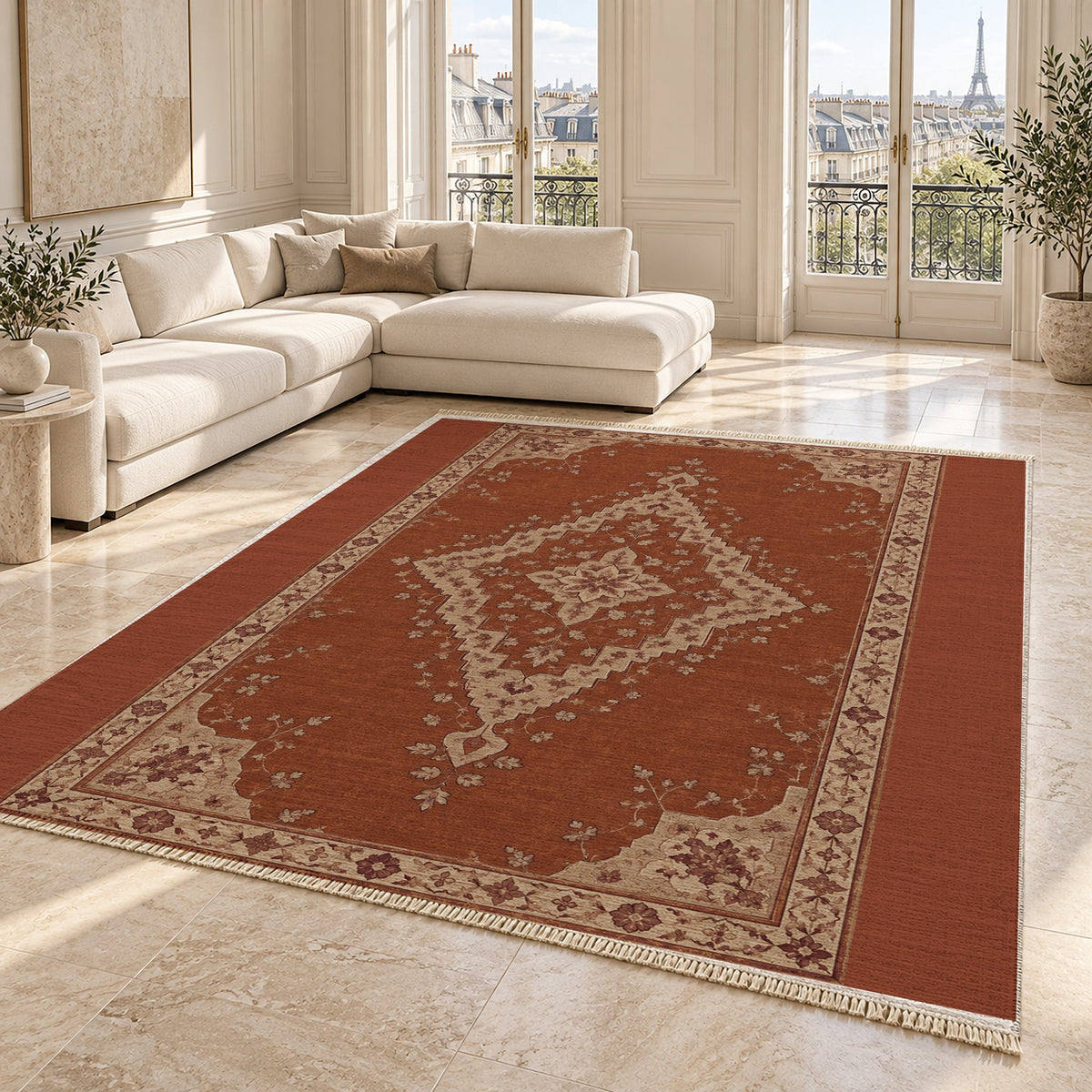 Distressed Diamond Rust & Sand washable rug angled room view on marble