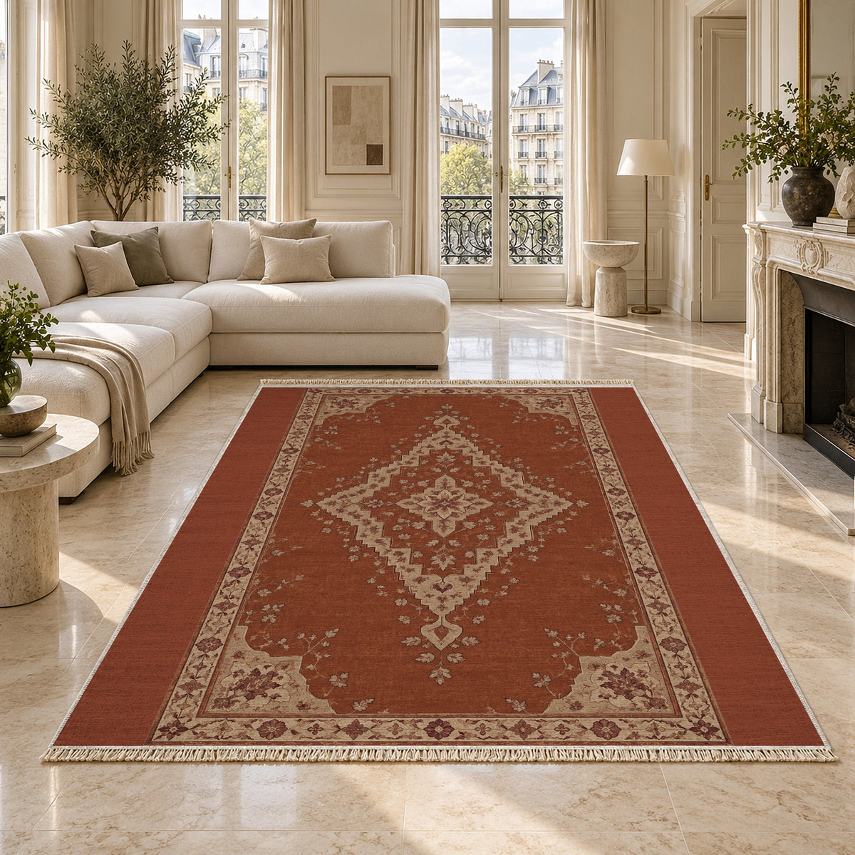 Distressed Diamond Rust & Sand washable rug on a marble floor
