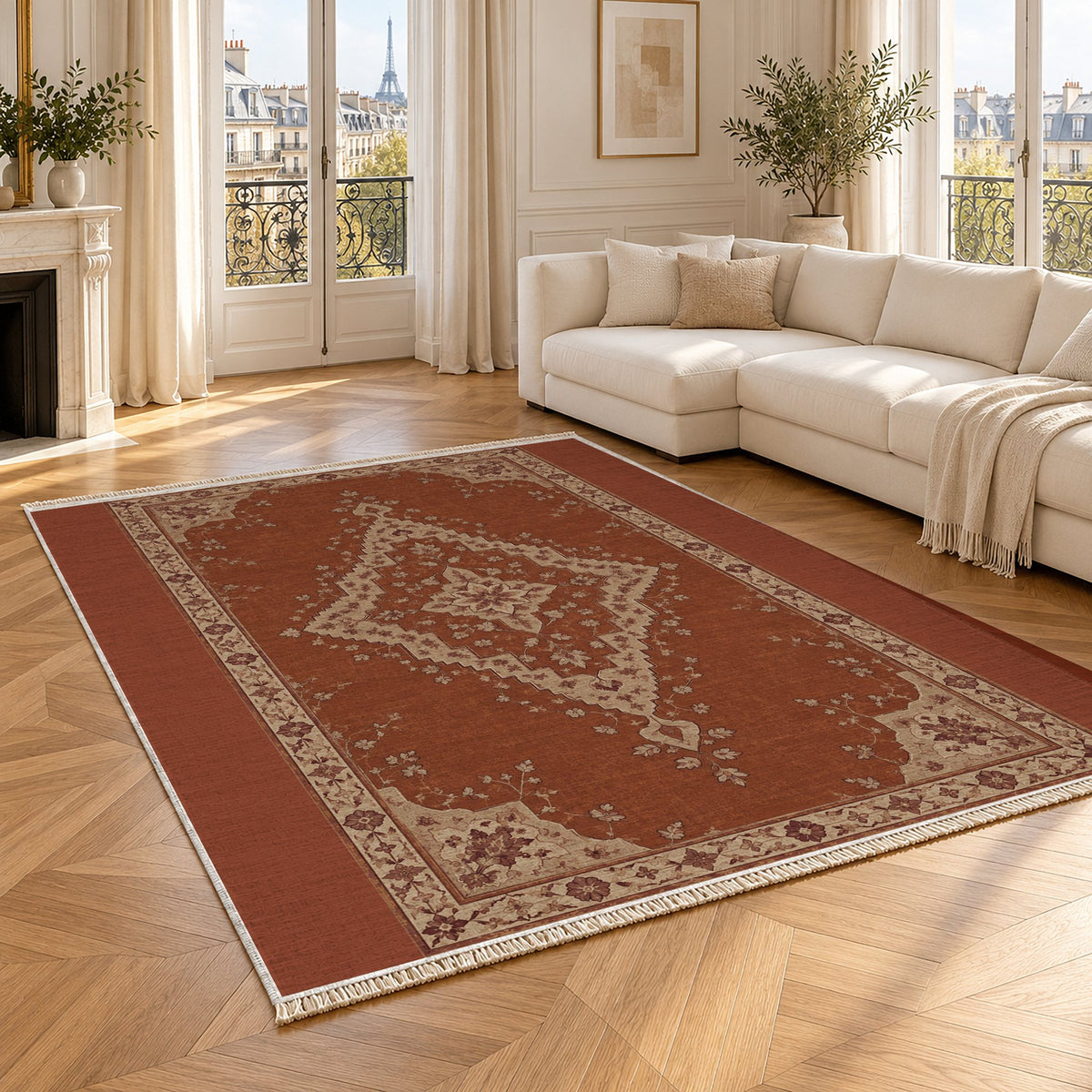 Distressed Diamond Rust & Sand washable rug angled room view