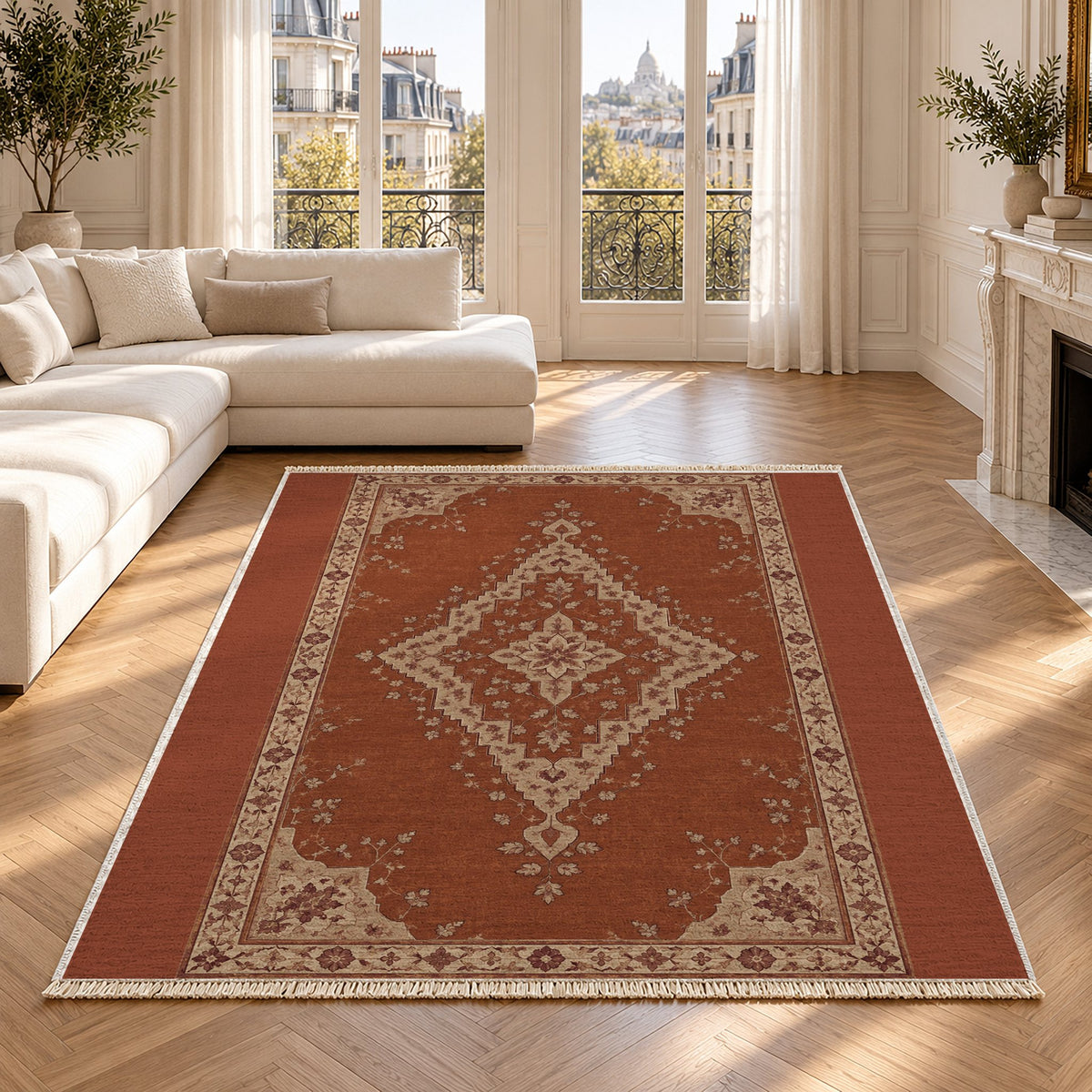 Distressed Diamond Rust & Sand washable rug in a Paris living room