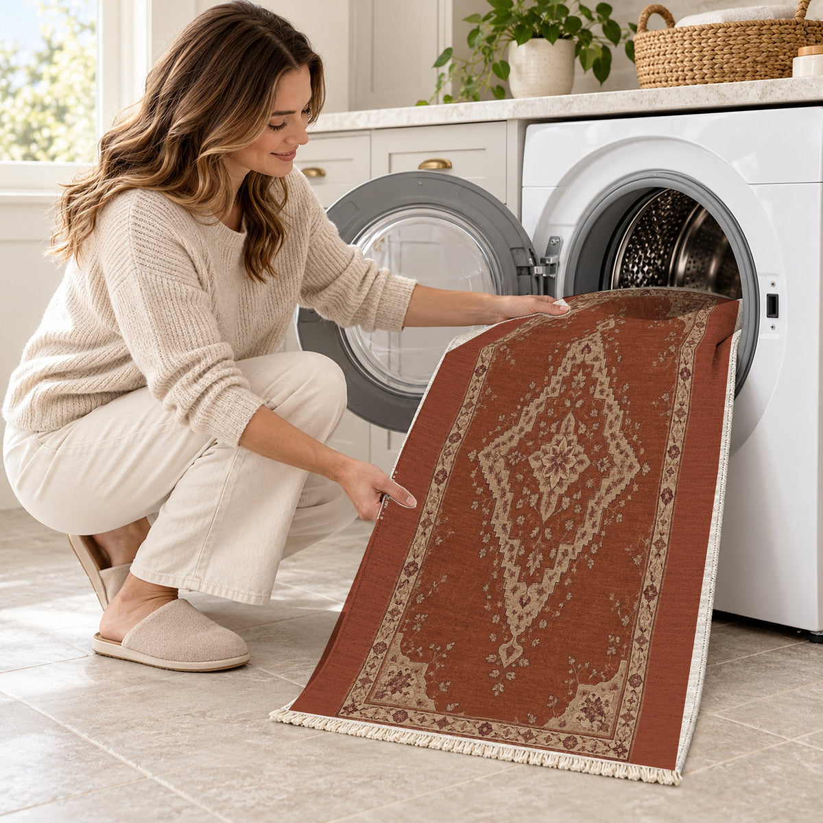 Distressed Diamond Rust & Sand washable rug being loaded into a washing machine