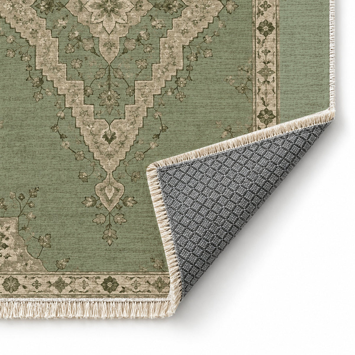 Distressed Diamond Sage & Oat washable rug folded corner showing the backing