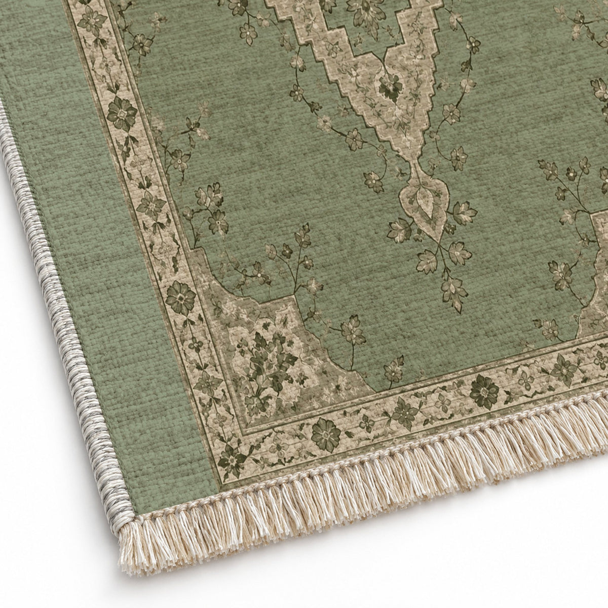 Distressed Diamond Sage & Oat washable rug close-up of the printed chenille