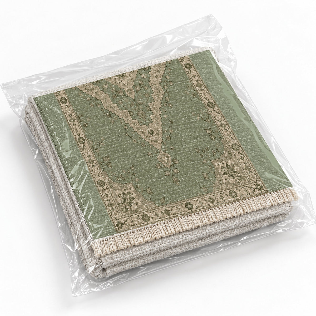 Distressed Diamond Sage & Oat washable rug rolled and packaged