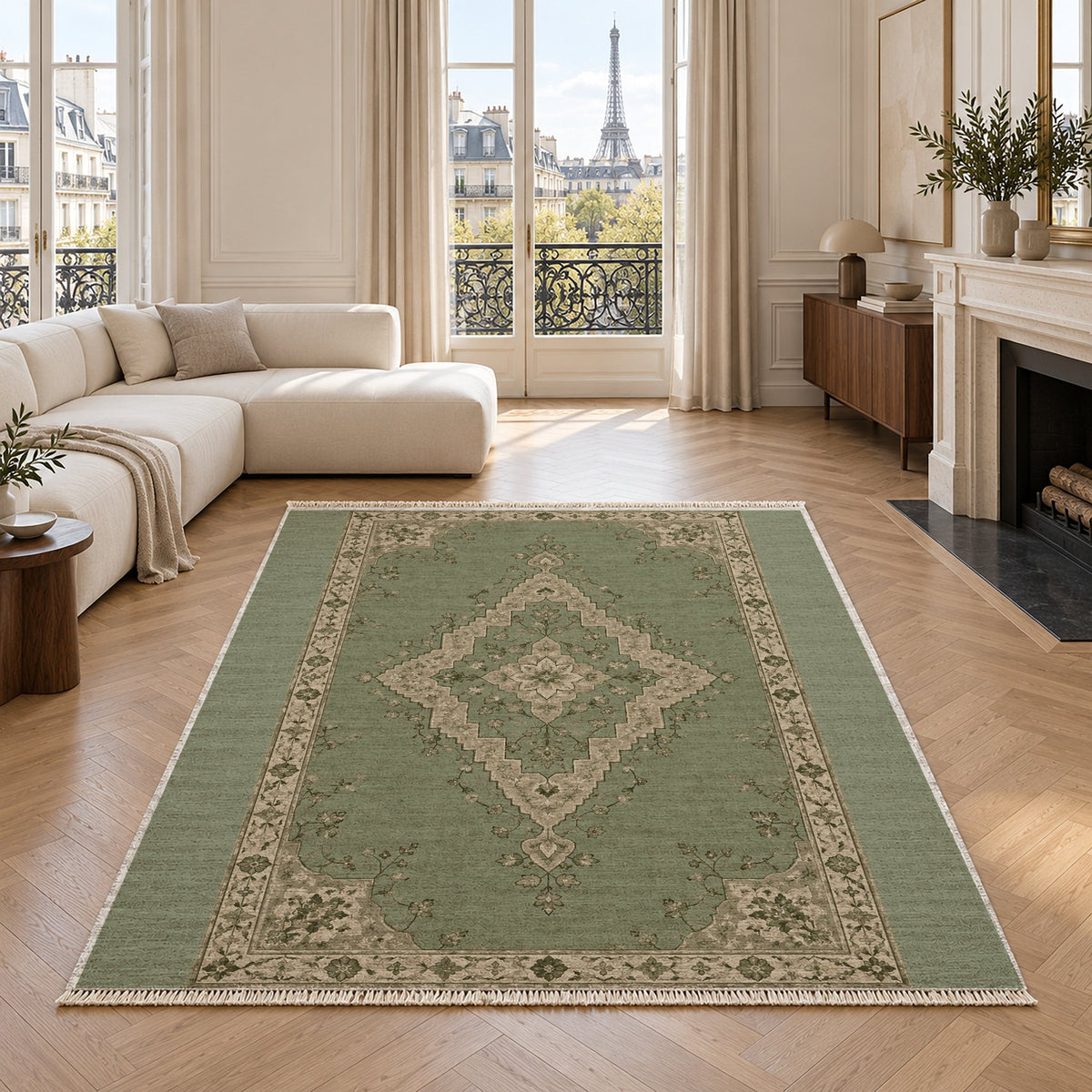 Distressed Diamond Sage & Oat washable rug in a living room with an Eiffel Tower view