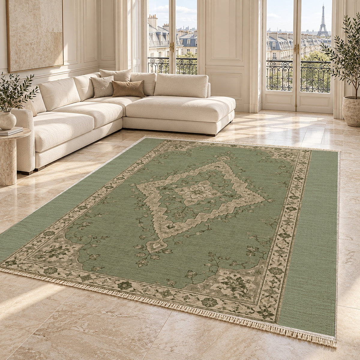 Distressed Diamond Sage & Oat washable rug angled room view on marble