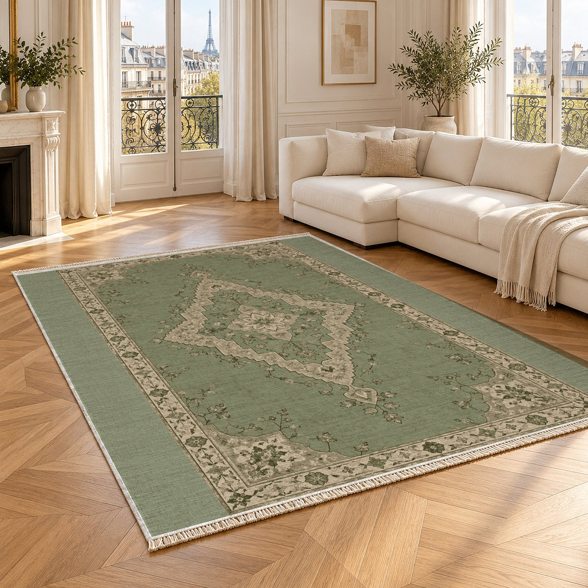 Distressed Diamond Sage & Oat washable rug angled room view