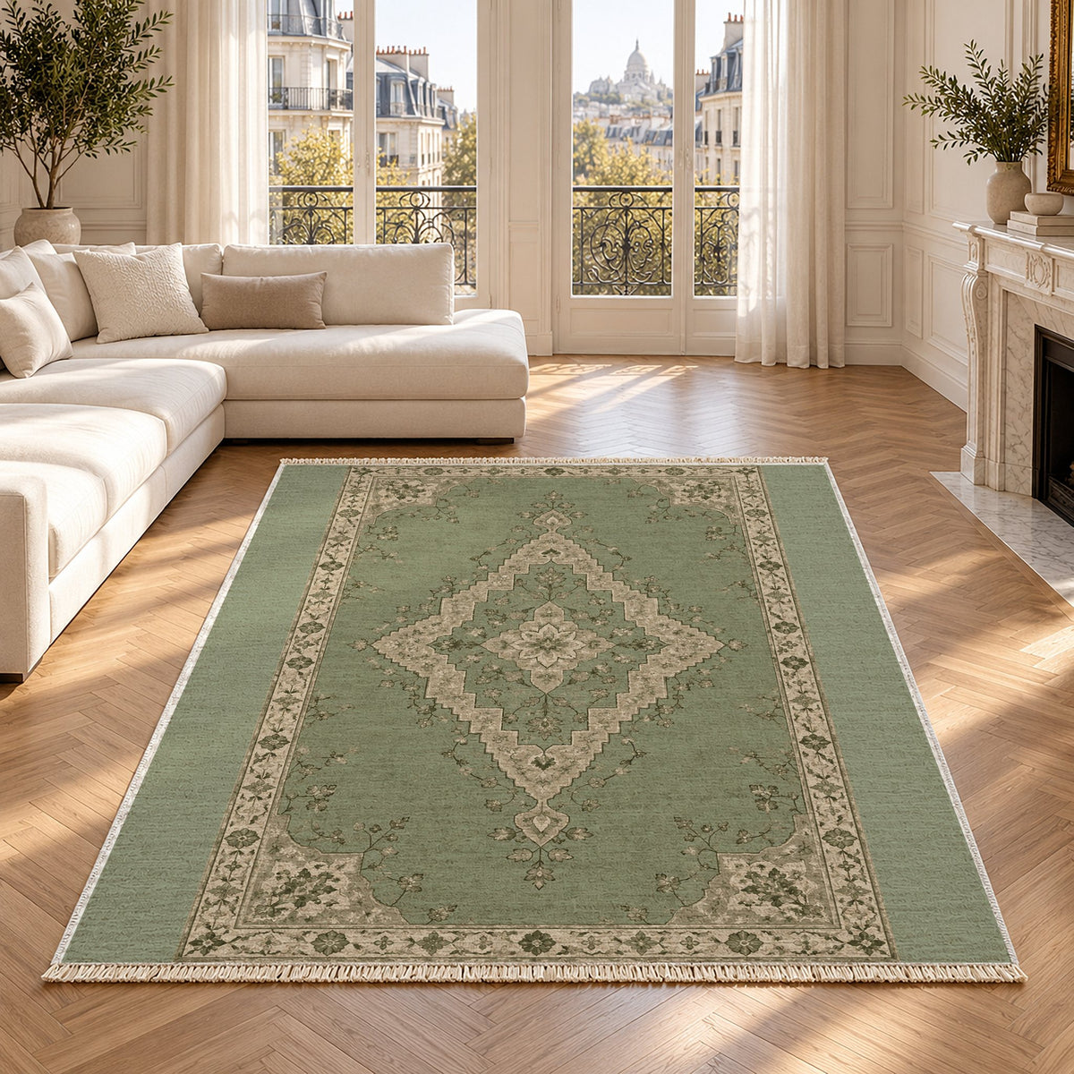 Distressed Diamond Sage & Oat washable rug in a Paris living room
