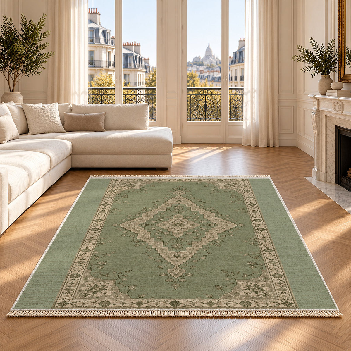 Distressed Diamond Sage & Oat washable rug on an oak floor