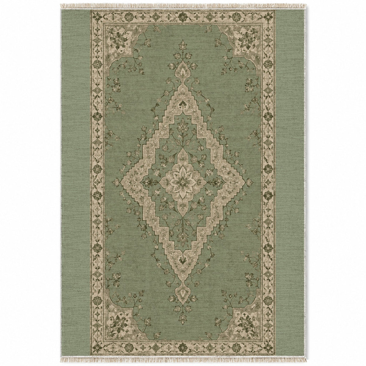 Distressed Diamond Sage & Oat washable rug top view