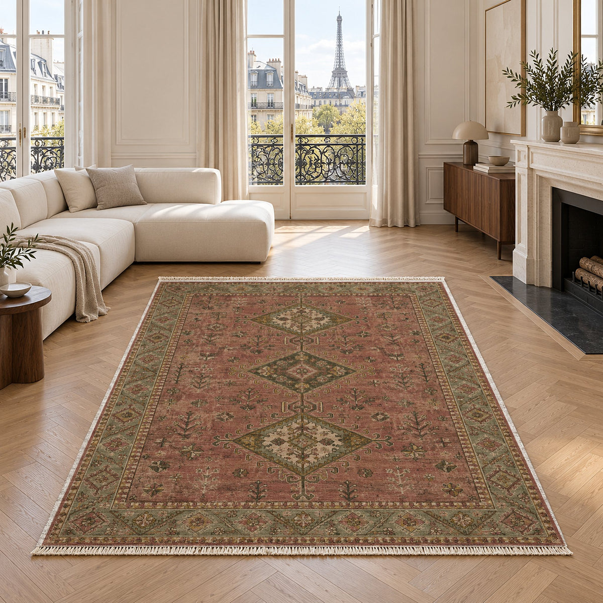 Dosemealti Diamond Brown washable rug in a living room with an Eiffel Tower view