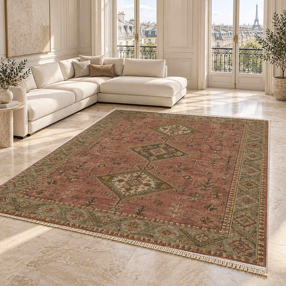 Dosemealti Diamond Brown washable rug angled room view on marble