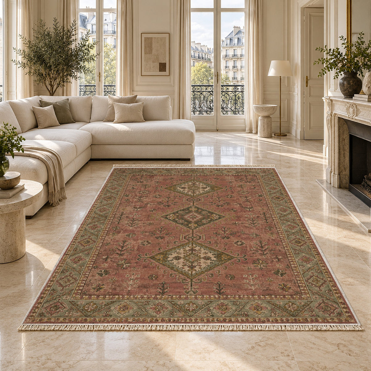 Dosemealti Diamond Brown washable rug on a marble floor