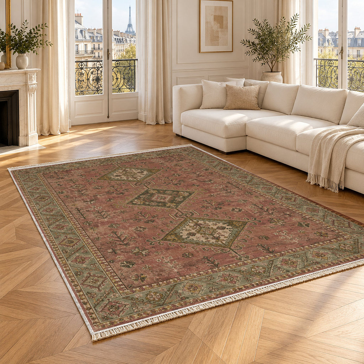 Dosemealti Diamond Brown washable rug angled room view