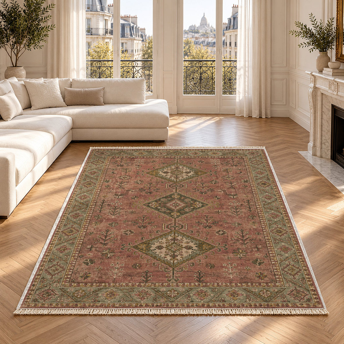 Dosemealti Diamond Brown washable rug in a Paris living room