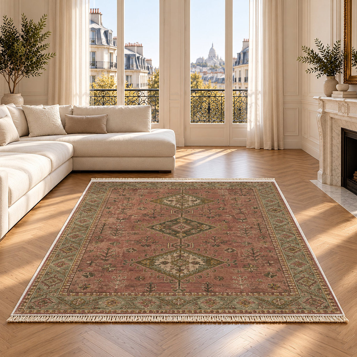 Dosemealti Diamond Brown washable rug on an oak floor