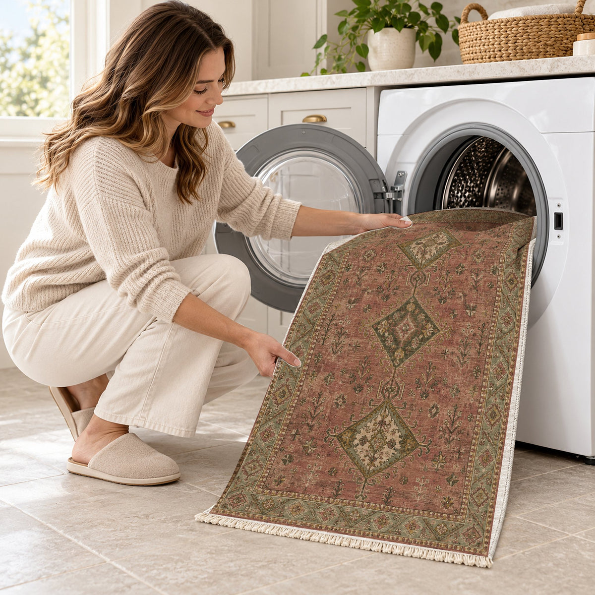 Dosemealti Diamond Brown washable rug being loaded into a washing machine