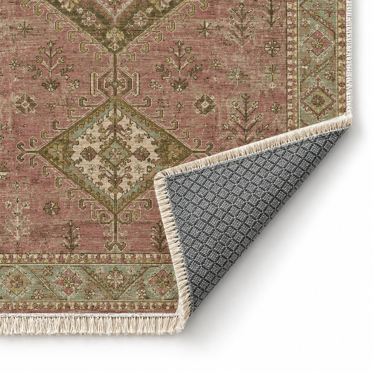 Dosemealti Diamond Clay & Sage washable rug folded corner showing the backing