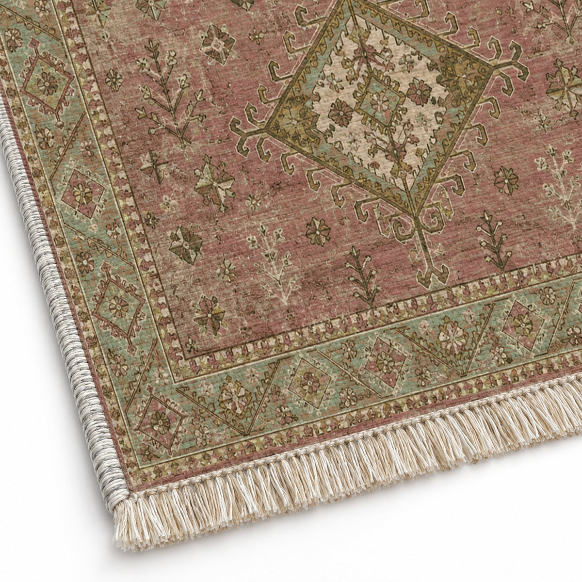 Dosemealti Diamond Clay & Sage washable rug close-up of the printed chenille