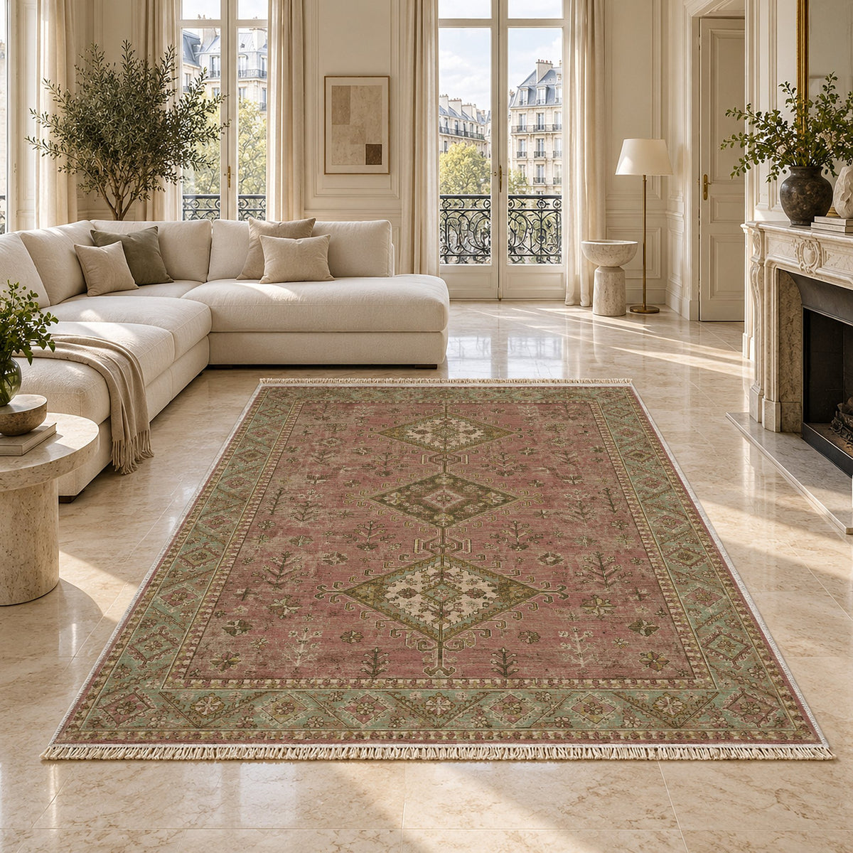 Dosemealti Diamond Clay & Sage washable rug on a marble floor
