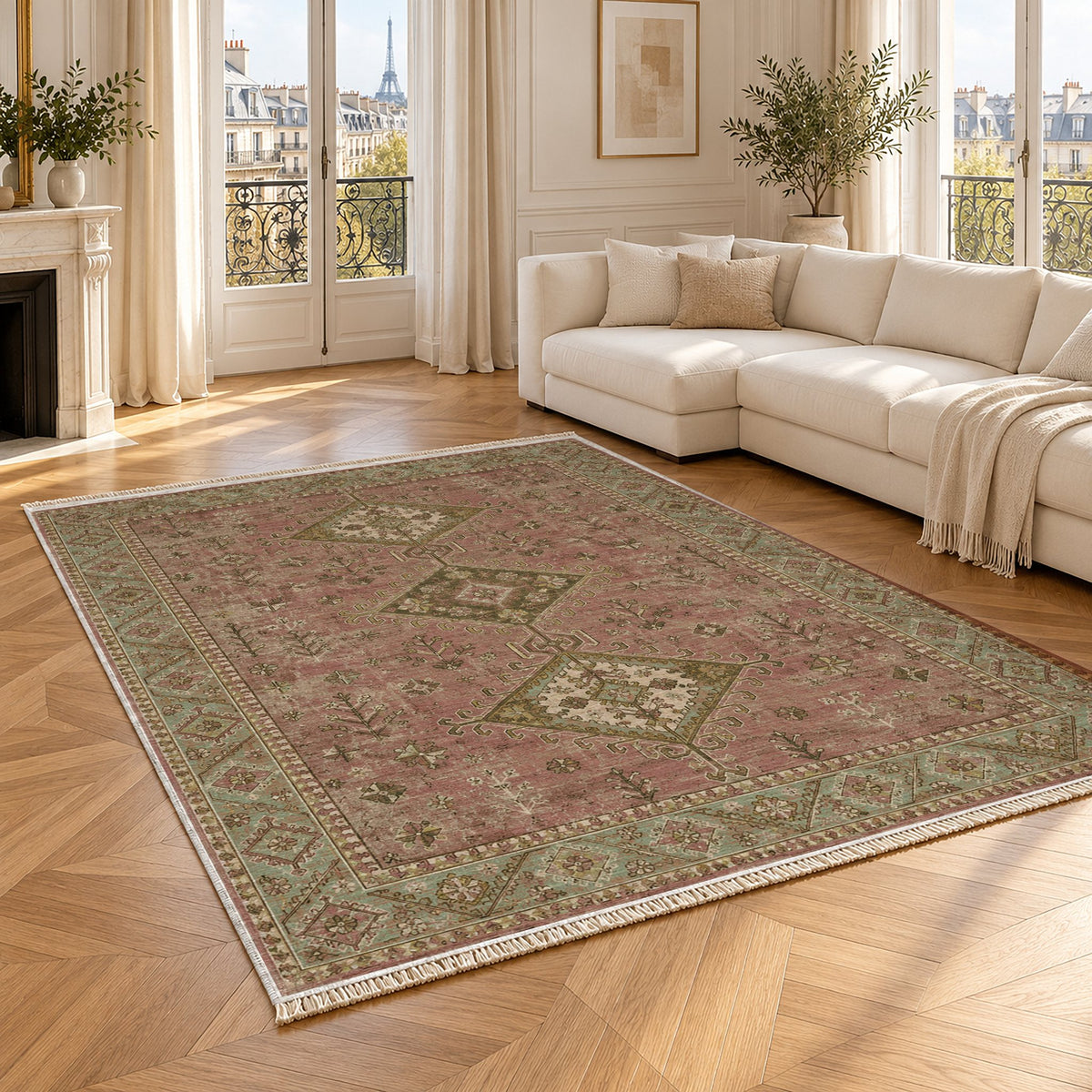 Dosemealti Diamond Clay & Sage washable rug angled room view