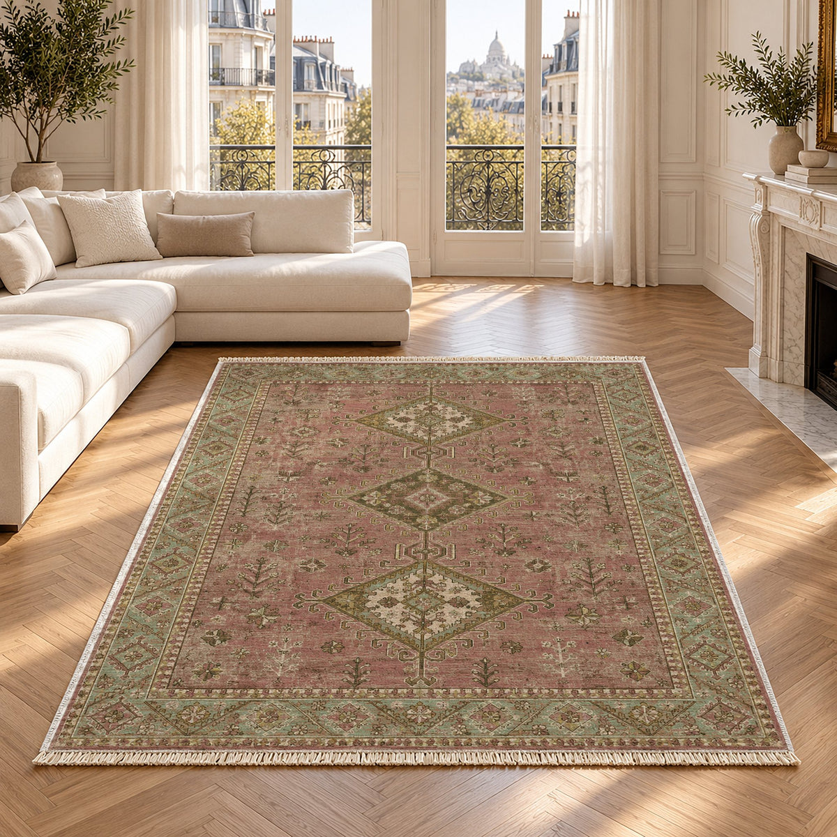 Dosemealti Diamond Clay & Sage washable rug in a Paris living room