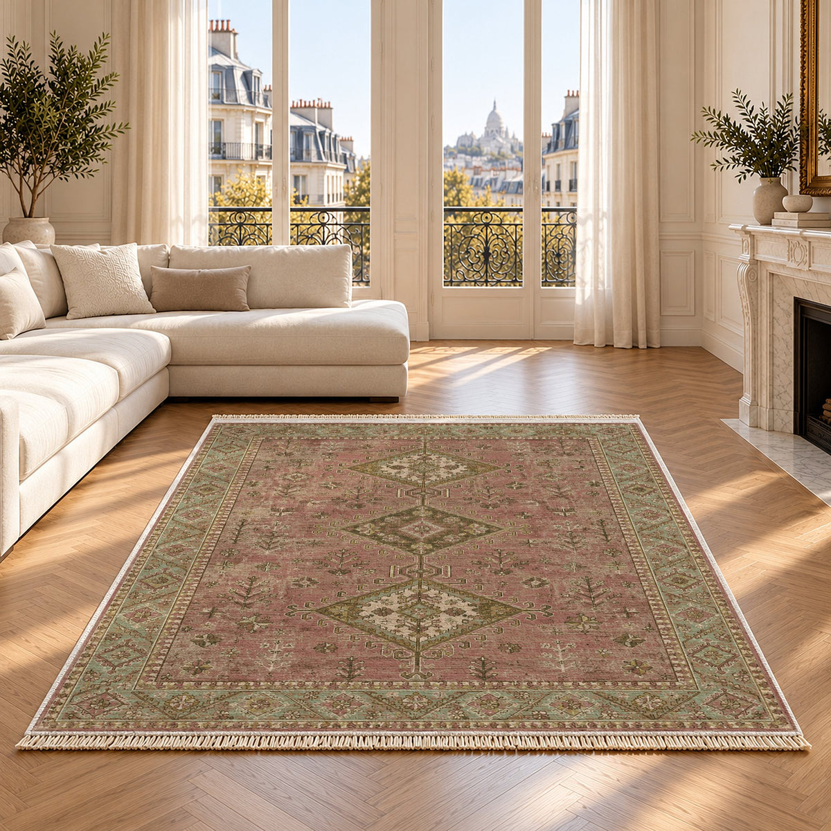 Dosemealti Diamond Clay & Sage washable rug on an oak floor