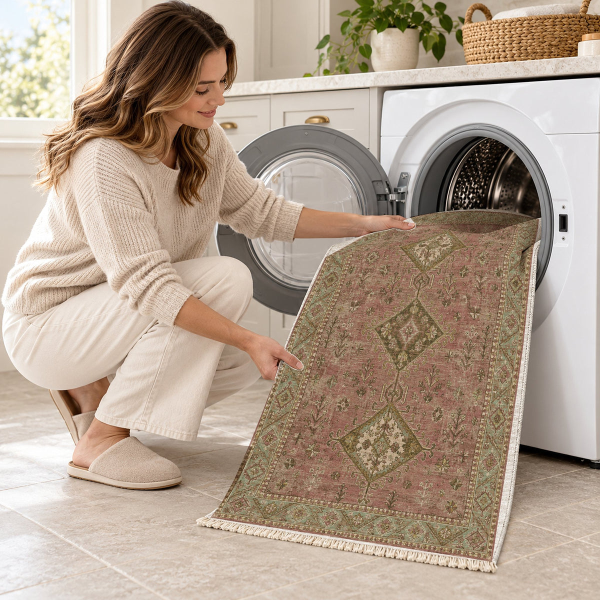 Dosemealti Diamond Clay & Sage washable rug being loaded into a washing machine