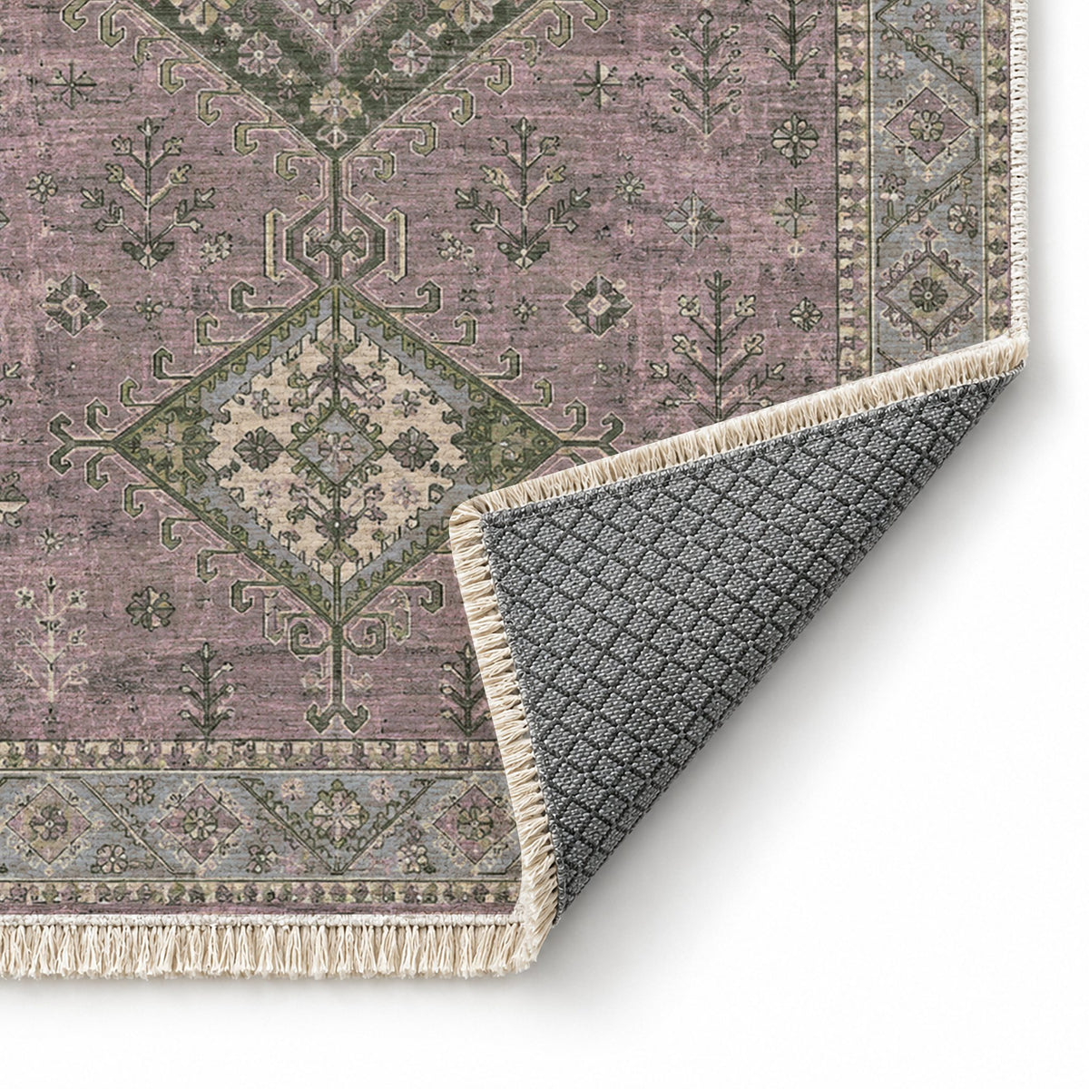 Dosemealti Diamond Graphite & Linen washable rug folded corner showing the backing