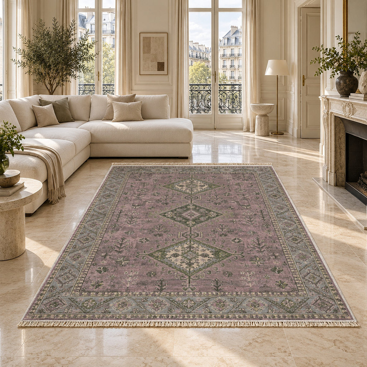 Dosemealti Diamond Graphite & Linen washable rug on a marble floor