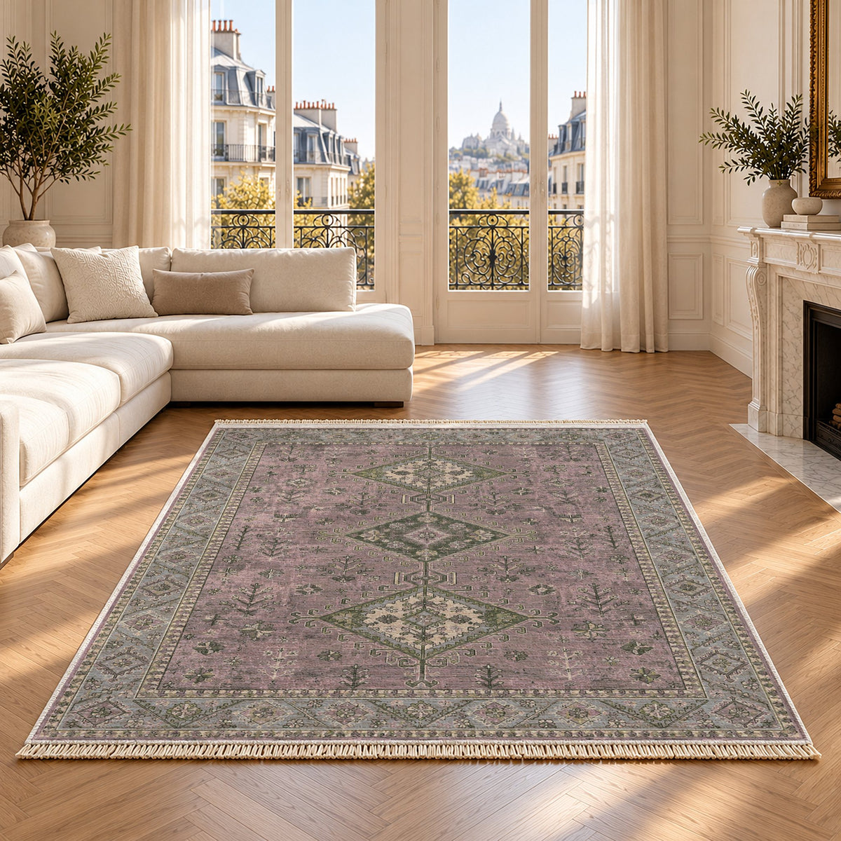 Dosemealti Diamond Graphite & Linen washable rug on an oak floor