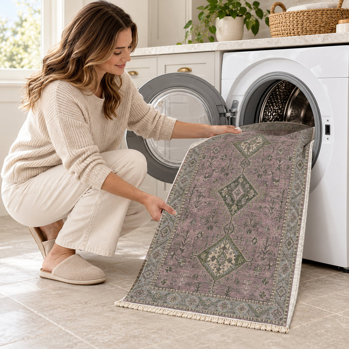 Dosemealti Diamond Graphite & Linen washable rug being loaded into a washing machine
