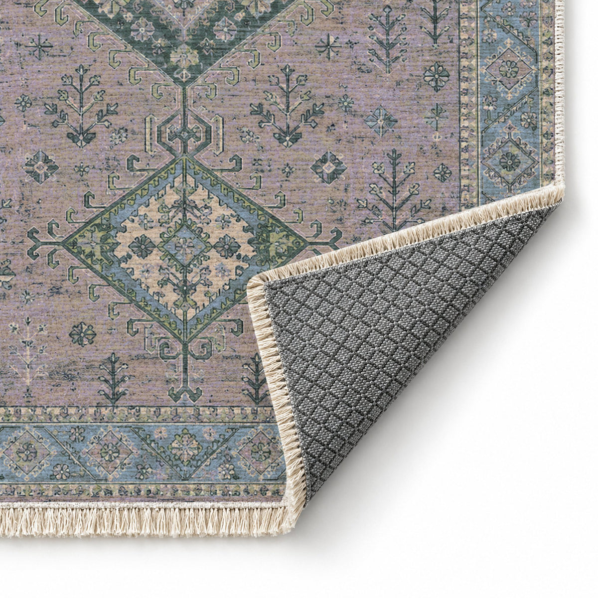 Dosemealti Diamond Mineral Blue washable rug folded corner showing the backing