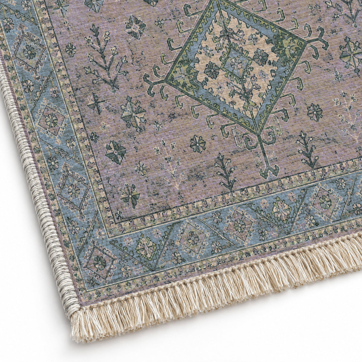 Dosemealti Diamond Mineral Blue washable rug close-up of the printed chenille
