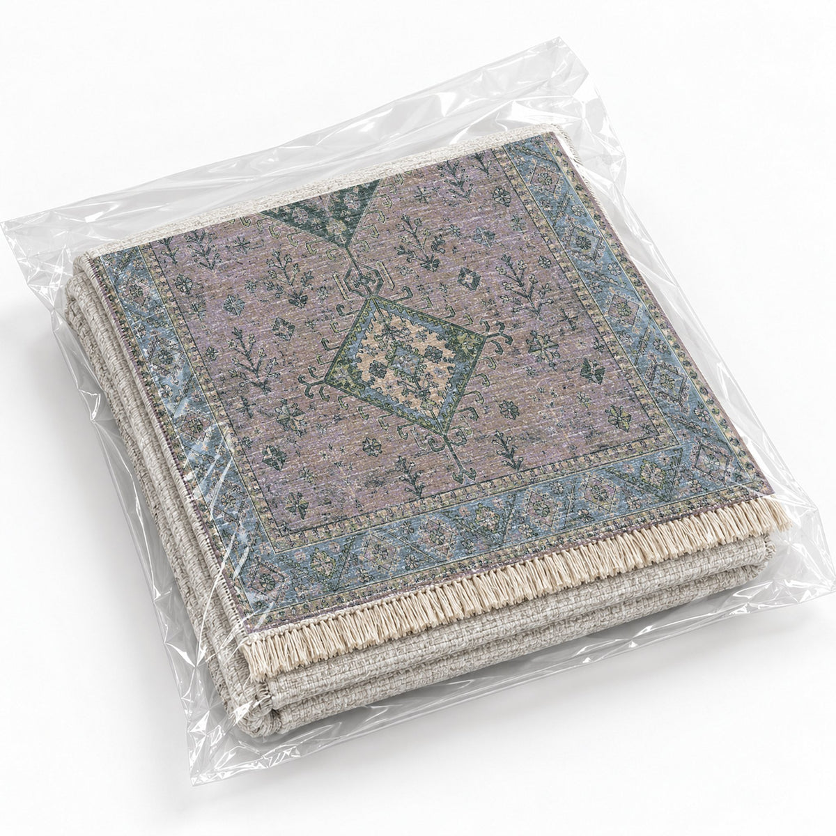 Dosemealti Diamond Mineral Blue washable rug rolled and packaged