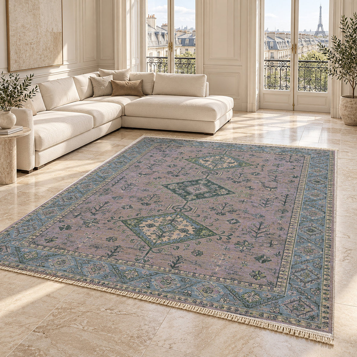 Dosemealti Diamond Mineral Blue washable rug angled room view on marble