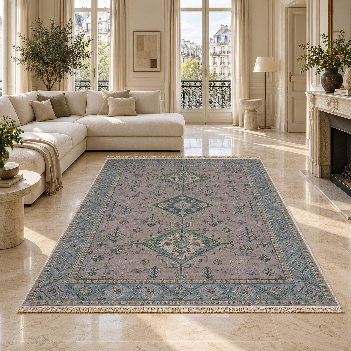 Dosemealti Diamond Mineral Blue washable rug on a marble floor
